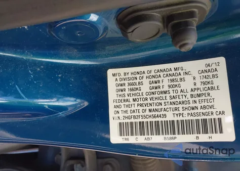 2012 Honda Civic Lx from USA, damaged, VIN 2HGFB2F55CH564439